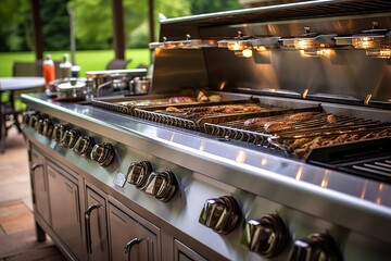 gas grill, featuring multiple burners and heat zones for efficient and versatile cooking, perfect for hosting large barbecue parties - Generative AI