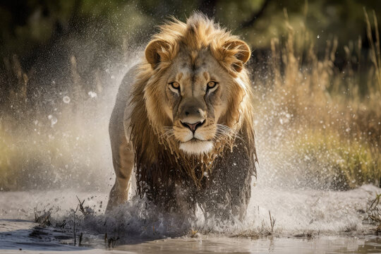 Soaked Lion Shaking Off Water In The Savannah. Generative AI