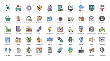 Technology Color Line Iconset Computer Web Coding Filled Outline Icon Bundle in Black