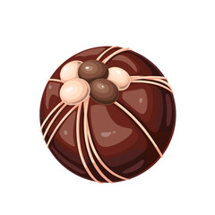 Chocolate bomb vector illustration. Cartoon isolated choco ball with candy and white chocolate or sugar icing decoration, cute round cocoa cake dessert with marshmallow for mug of sweet hot drink