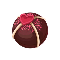 Chocolate bomb vector illustration. Cartoon isolated sweet ball with red heart and white chocolate or sugar icing decoration, romantic surprise gift and dessert with marshmallow for mug of hot drink