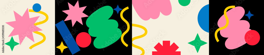 Poster bright abstract doodle shapes. vector memphis geometric art. colored vector compositions in cartoon 