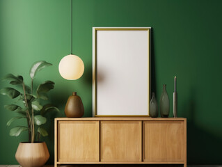 Interior of modern living room with green walls, wooden chest of drawers and plants. mockup photo frame green wall mounted on the wooden cabinet, Generative Ai