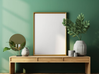 Interior of modern living room with green walls, wooden chest of drawers, round mirror and decorative plants. Mock up poster frame, Generative Ai