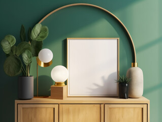 Interior of modern living room with green walls, wooden chest of drawers, round mirror and decorative plants. Mock up poster frame, Generative Ai
