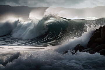 Tsunami With Waves Crashing On Shore. Generative AI