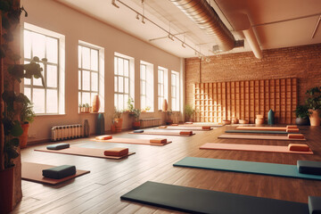 Yoga Studio With Mats And Blocks Arranged Neatly. Generative AI