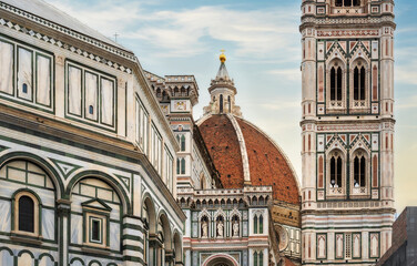 Cathedrale of Santa Maria del Fiore, Brunelleschi Dome, Giotto Campanile with details of the exterior - is a masterpiece of Renaissance art. Close-up. 