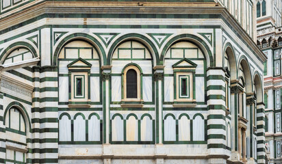 Florence, Italy - April 6, 2022: Details of the exterior of the Cattedrale di Santa Maria del Fiore (