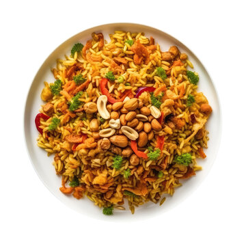 Bhel Puri Indian Dish On White Plate. Isolated On A Transparent Background, Png. Generative AI