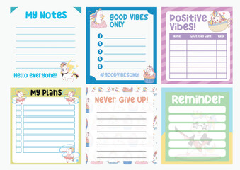 Cute weekly planner background for kids with cute and kawaii unicorn characters. Vector template for agenda, planners, notes, timetable. Printable notepad with magical creature unicorn. 