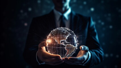 Businessman holding global network internet connection on social networking, digital marketing technology with Generative AI.