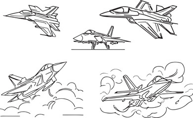 set of  jet fighter airplanes line art vector