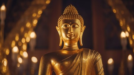 Fototapeta premium golden buddha statue in the temple, Generative AI