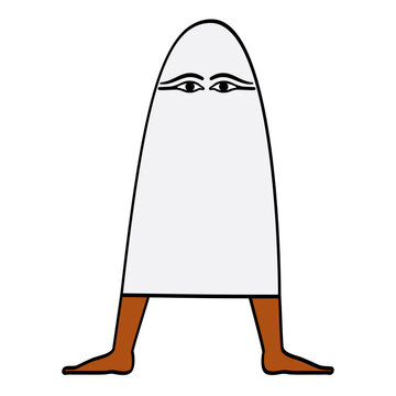 Medjed, ghost-like minor deity in Ancient Egypt religion, with feet facing both directions, as depicted in Book of the Dead. Appeared as a popular character in modern Japanese video games and anime.
