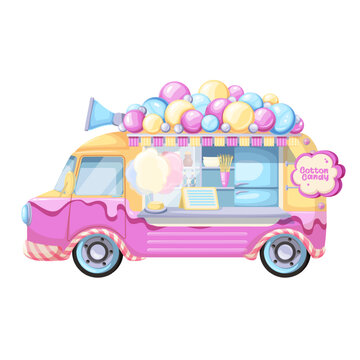 Cotton candy truck vector illustration. Cartoon isolated cute bus trailer with street food shop or cafe, side view of pink truck with bubbles of sweet dessert and megaphone on top, window and stall