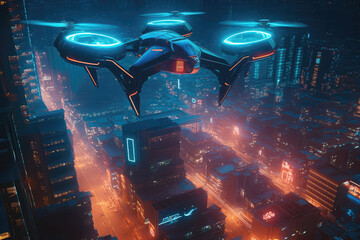 Drone Flying Over Futuristic City With Holographic Billboards. Generative AI