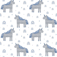 seamless pattern of unicorns with rainbow for textile for boys, unicorn pattern on white background