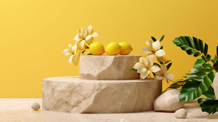 Bright Yellow Backdrop with Natural Stone Step Up Podium Product Mock Up and Display for Cosmetic, Beauty, and Tech Products - Lemon Yellow Background with Plumeria Flowers/Leaves - Generative AI