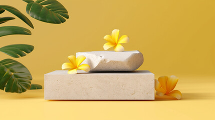 Bright Yellow Backdrop with Natural Stone Step Up Podium Product Mock Up and Display for Cosmetic, Beauty, and Tech Products - Lemon Yellow Background with Plumeria Flowers/Leaves - Generative AI