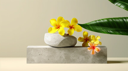 Bright Yellow Backdrop with Natural Stone Step Up Podium Product Mock Up and Display for Cosmetic, Beauty, and Tech Products - Lemon Yellow Background with Plumeria Flowers/Leaves - Generative AI