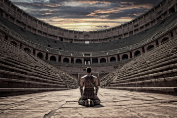 Gladiator kneeling in an empty Amphitheater at sunset - obrazy, fototapety, plakaty