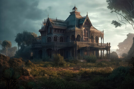 Gothic Steampunk Mansion In Eerie Landscape. Generative AI