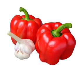 Fresh sweet red peppers and garlic on a transparent background