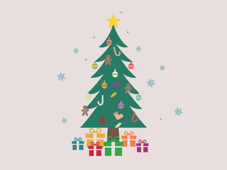 Christmas background with decorated tree and gift boxes. Colorful flat presents for holiday. Modern design. Vector illustration