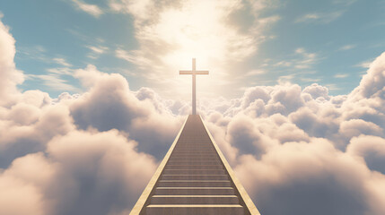 Creative religion concept. Stairway leading to the heavenly sky towards the cross. glowing end clouds skies landscape. Christian religious.