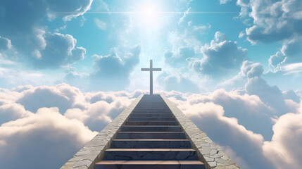 Creative religion concept. Stairway leading to the heavenly sky towards the cross. glowing end clouds skies landscape. Christian religious. 