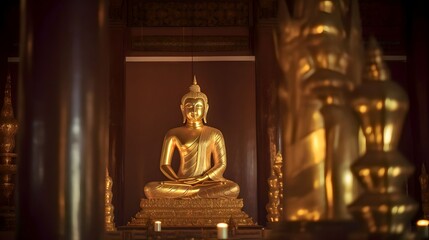 golden buddha statue in the temple, Generative AI
