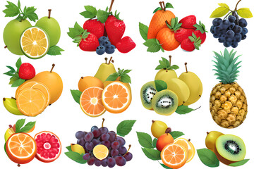 A set of exotic fruits and berries ( pineapple, orange, lemon, strawberry, blueberry, viny grape, kiwi, blueberry, pear ) with green
leaves isolated on a white background.
Generative AI.