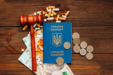 Ukrainian hryvnia money and pills on the table and a Ukrainian passport..