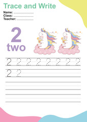 Obraz premium Number two tracing practice worksheet with two kawaii unicorn character sitting on the cloud for kids learning to count and to write. Vector Illustration. Exercise for children to recognize the number