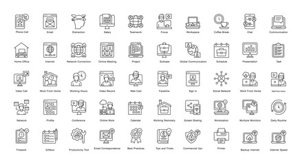 Remote Work Thin Line Iconset Home Office Outline Icon Bundle in Black
