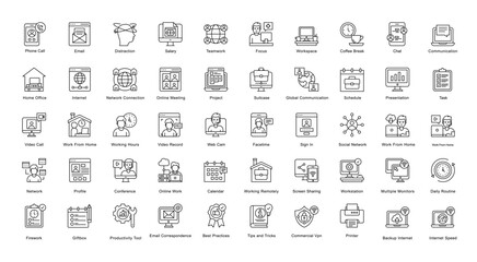 Remote Work Thin Line Iconset Home Office Outline Icon Bundle in Black