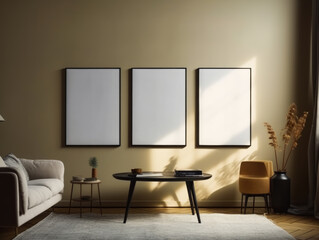 Interior of modern living room with beige walls, wooden floor, beige sofa and two vertical mock up posters. Generative Ai