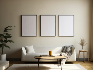 Interior of modern living room with beige walls, wooden floor, beige sofa and two vertical mock up posters. Generative Ai