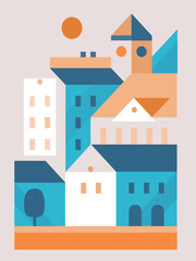 Vector illustration in simple minimal geometric flat style - city landscape with buildings.