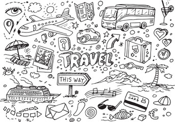 Travel hand drawn vector doodles on white paper - obrazy, fototapety, plakaty