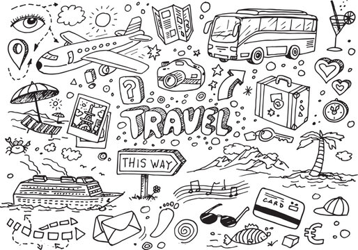 Travel hand drawn vector doodles on white paper
