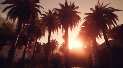 Obraz premium Tropical palm trees in sunset, illustration. Generative AI.