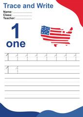 Number one tracing practice worksheet with 1 USA map for kids learning to count and to write with 4th July theme. Vector Illustration. Exercise for children to recognize the number.