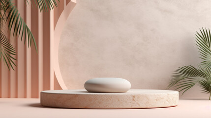 Pastel Pink and Beige Backdrop with Concrete Stone Step Up Podium - Product Mock Up and Display for Cosmetic, Beauty, and Tech Products - Background with Palm Leaves - Generative AI