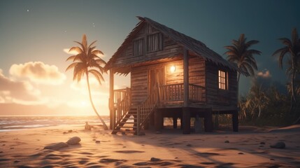 Old wooden houses on the beach at sunset. Eco tourism.