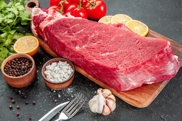 front close view raw meat slice with red tomatoes and greens on dark background ripe health diet...