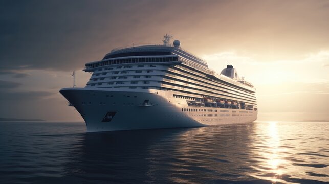 Cruise ship in the sea. 3d rendering. Sunset. Generative AI.	