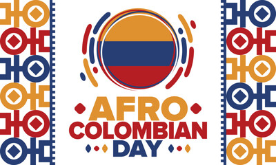 Fototapeta na wymiar Afro-Colombian Day in Colombia. Celebrate annual in May 21. Freedom day poster. National holiday. Colombian flag. Afro-Colombian culture, history and heritage. Tradition pattern. Vector illustration