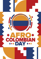 Afro-Colombian Day in Colombia. Celebrate annual in May 21. Freedom day poster. National holiday. Colombian flag. Afro-Colombian culture, history and heritage. Tradition pattern. Vector illustration